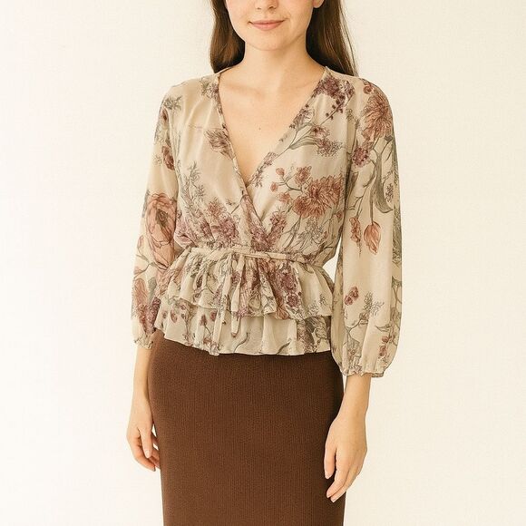 Chiffon Blouse L/S Brown Floral True Wrap Peplum Vneck M Coquette Fairy Grunge - Picture 1 of 6